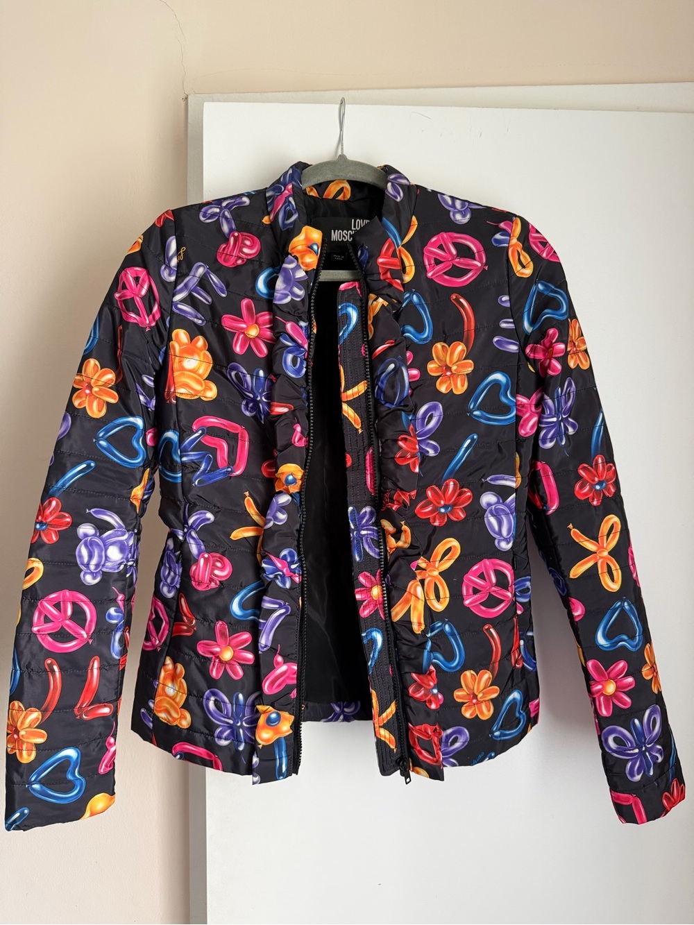 Love Moschino Black Quilted Jacket with Multicolor Balloon Floral Print